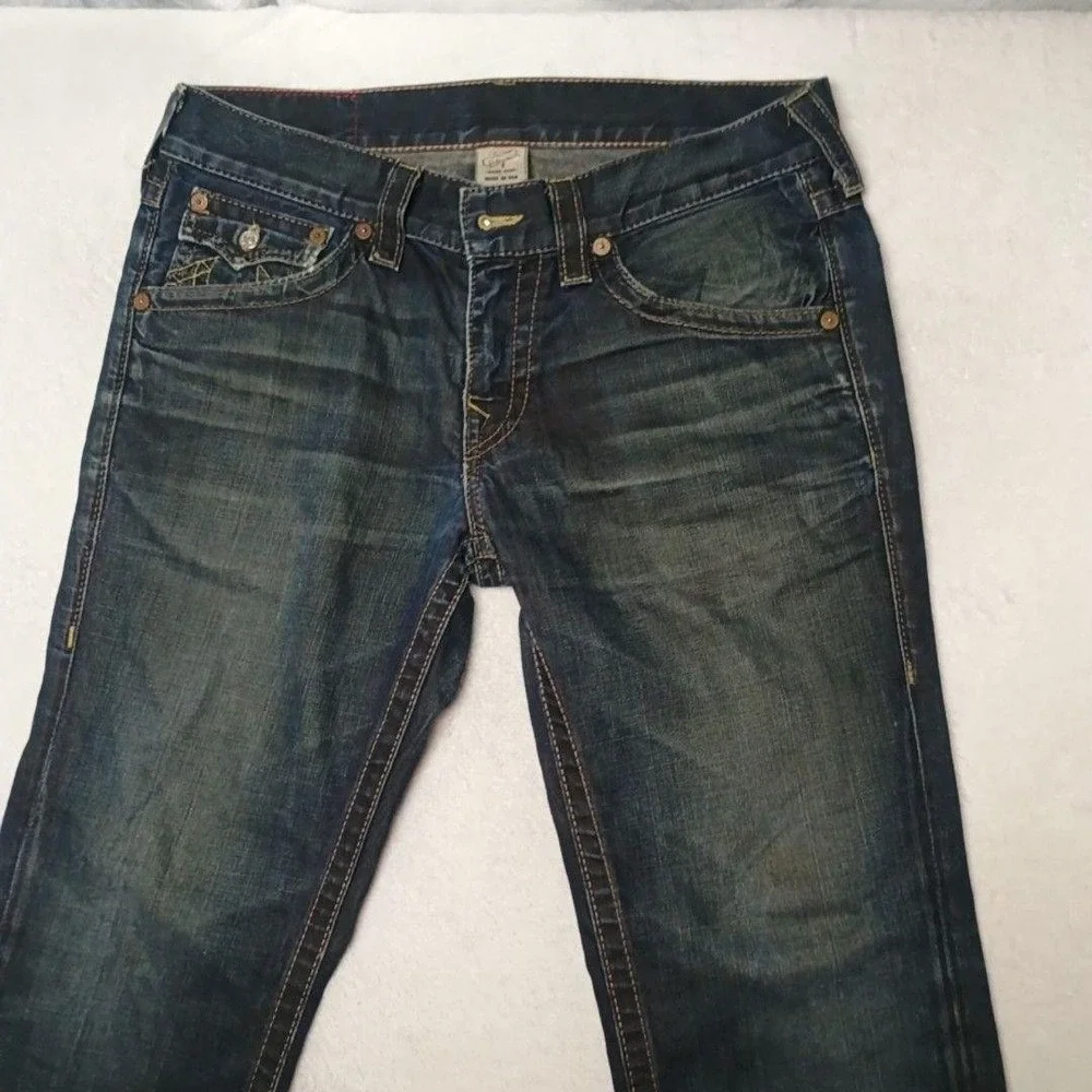 True Religion Jeans Mens 34x30 Blue Straight Medium Wash Distressed Logo USA